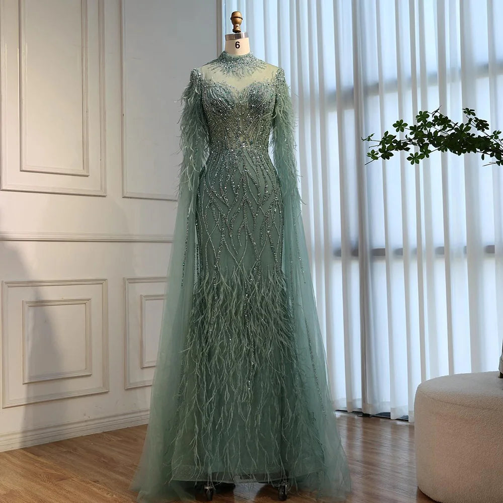 Nude Feather Evening Dress for Women High Neck Cape Sleeve Luxury Beaded Formal Gown Serene Hill 2025 Customized LA71885C