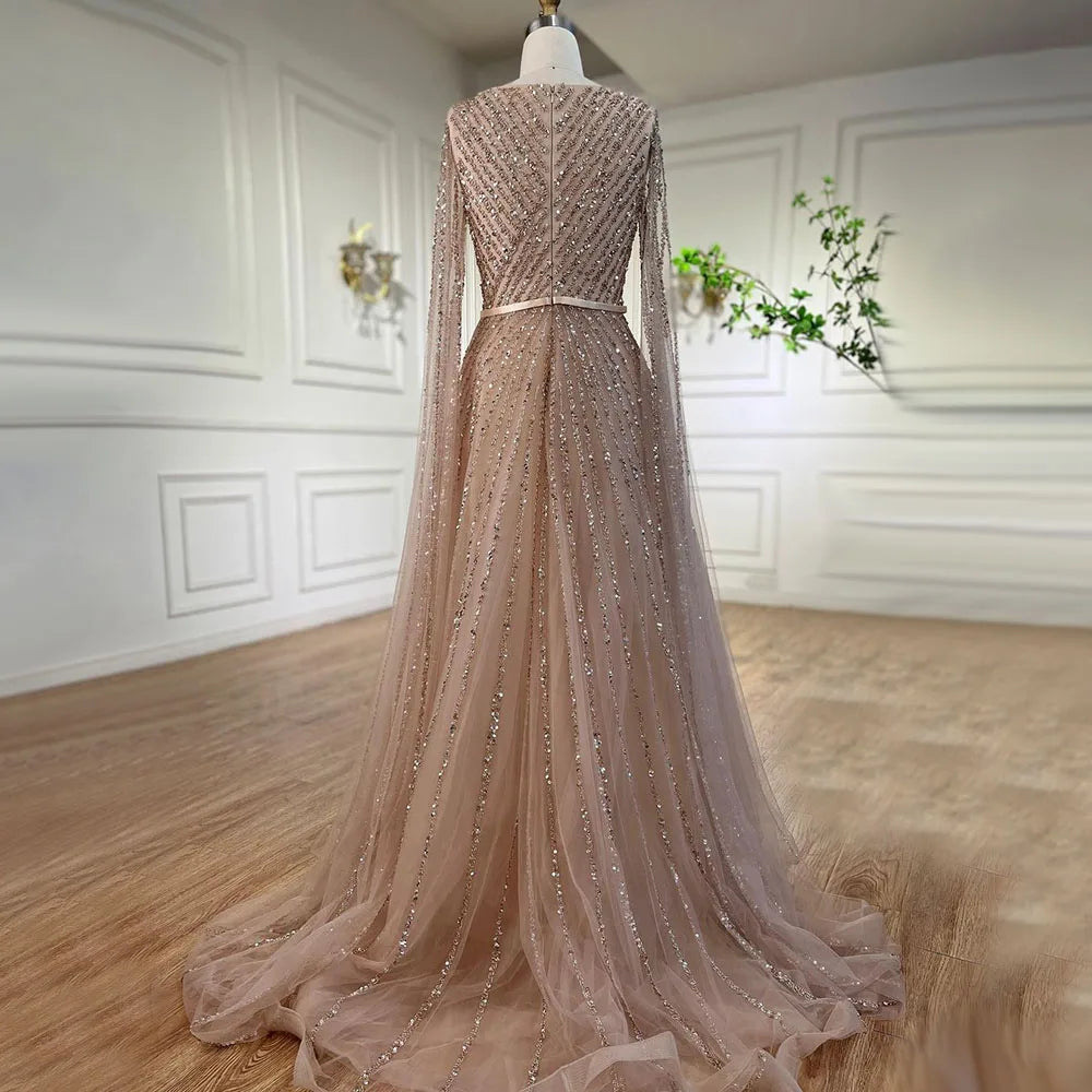 Serene Hill Mint Cape Sleeves A Line Beaded  Dubai Evening Dresses Long 2025 Celebrity Gowns For  Party LA71865 Customized