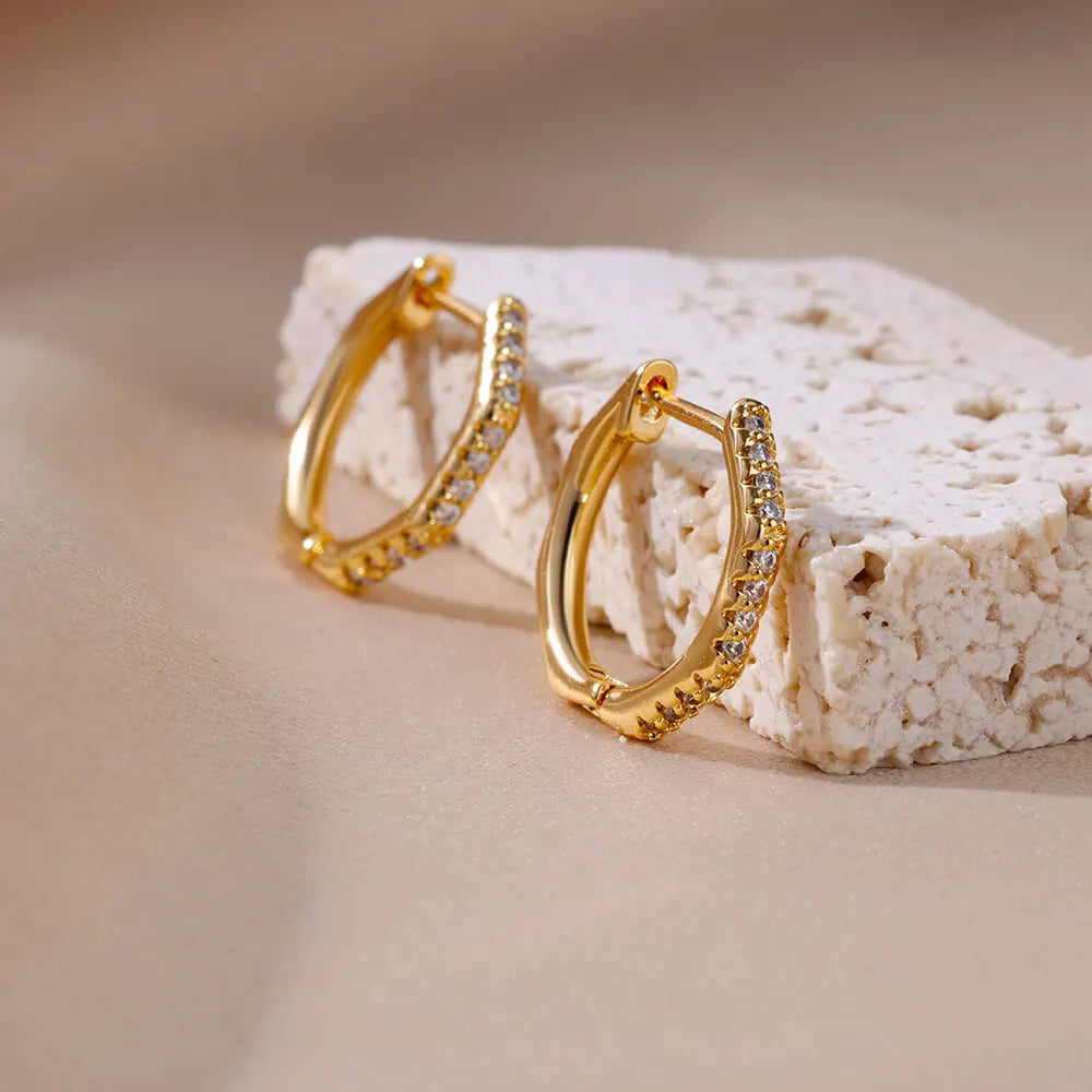 Zirconia Polygon Earrings for Women Stainless Steel Hoop Earrings 2024 Trend Femme Bling Luxury Wedding Jewelry aretes mujer