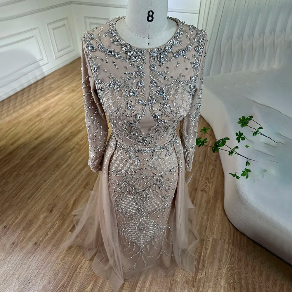Serene Hill Muslim Silver Nude Mermaid Gown with Detachable Overskirt Beaded Evening Dress for Women Wedding Party 2025 LA71919