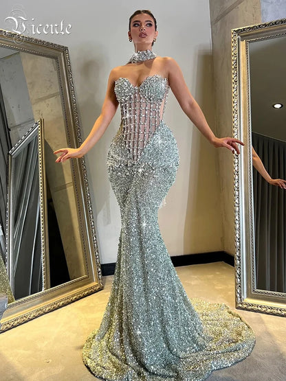 VC Glamorous Silver Sequin Sleeveless Strapless Mermaid Dress for Galas Party Wedding Evening Gown