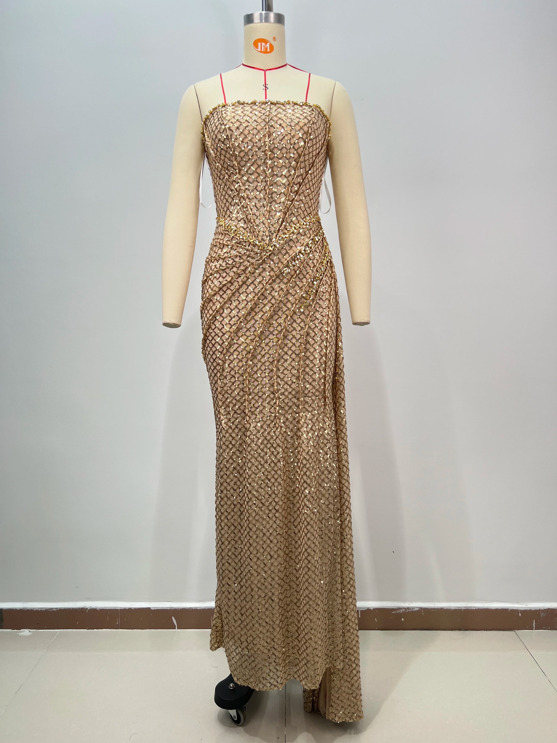 Women Celebrity Sexy Strapless Sequins Gold Crystal Split Maxi Long Gowns Dress 2024 Elegant Evening Party Club Vestido