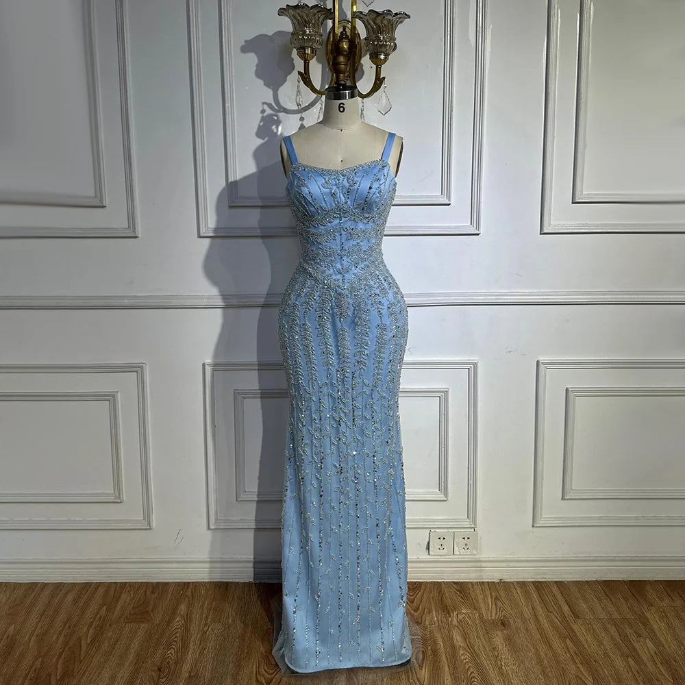 Luxury Arabic Blue Beaded Spaghetti Strap Pink Mermaid Evening Dress for Women Party Serene Hill 2025 Customized LA72725