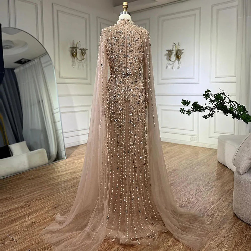 Muslim Nude Mermaid Cape Sleeves Pearls Beaded Luxury Dubai Evening Dresses Gowns 2025 Wedding Party LA72372 Customized