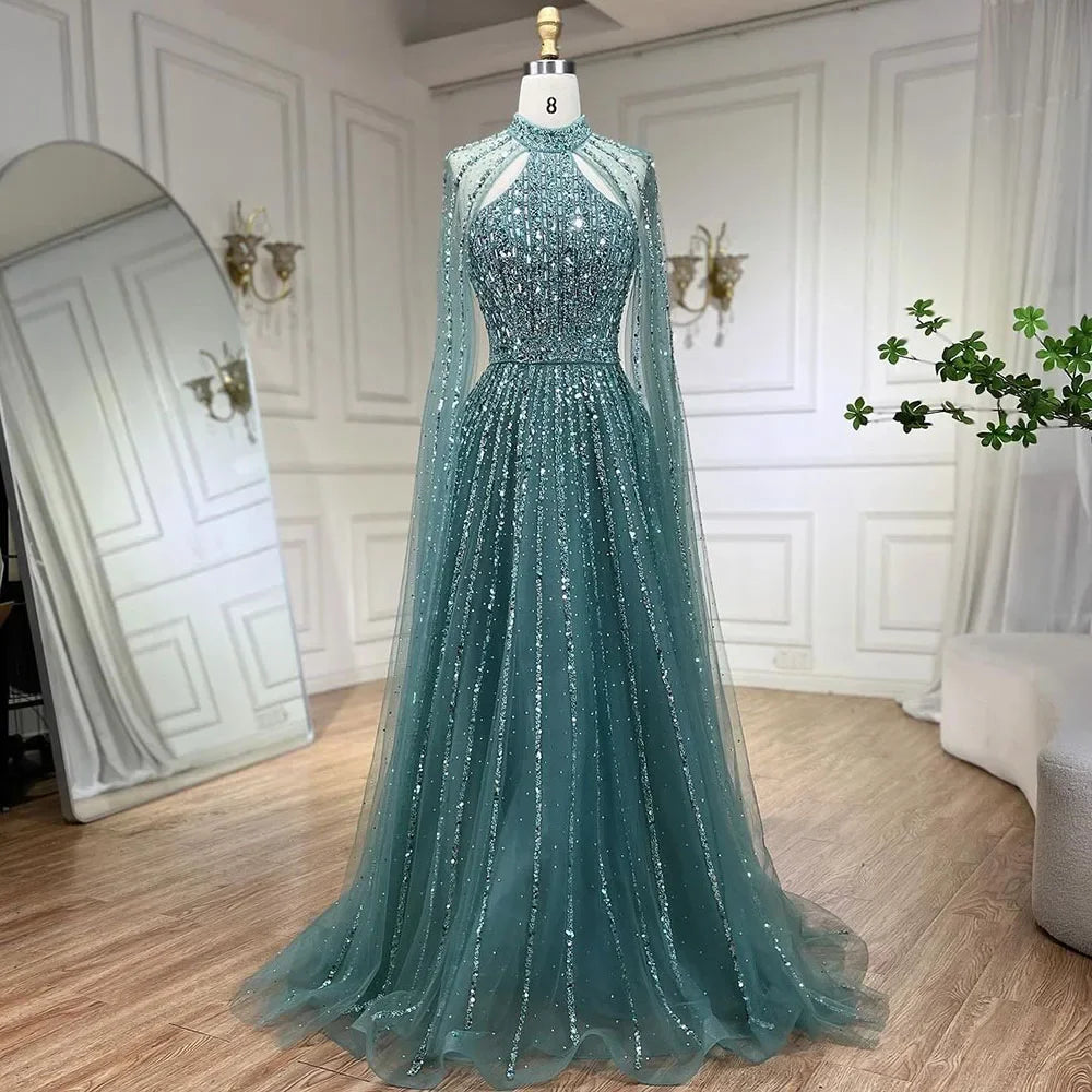 Serene Hill Arabic Turquoise A Line Cape Sleeve Beaded   Evening Dresses Gowns For Occasion 2025 LA72306A Customized
