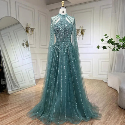 Serene Hill Arabic Turquoise A Line Cape Sleeve Beaded   Evening Dresses Gowns For Occasion 2025 LA72306A Customized
