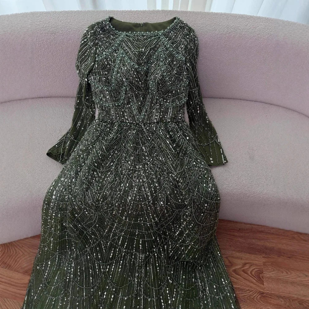 Luxury Olive Green Long Sleeve Beaded A Line Evening Gown for Wedding Party Prom Serene Hill 2025 Customized LA72738B Plus Size