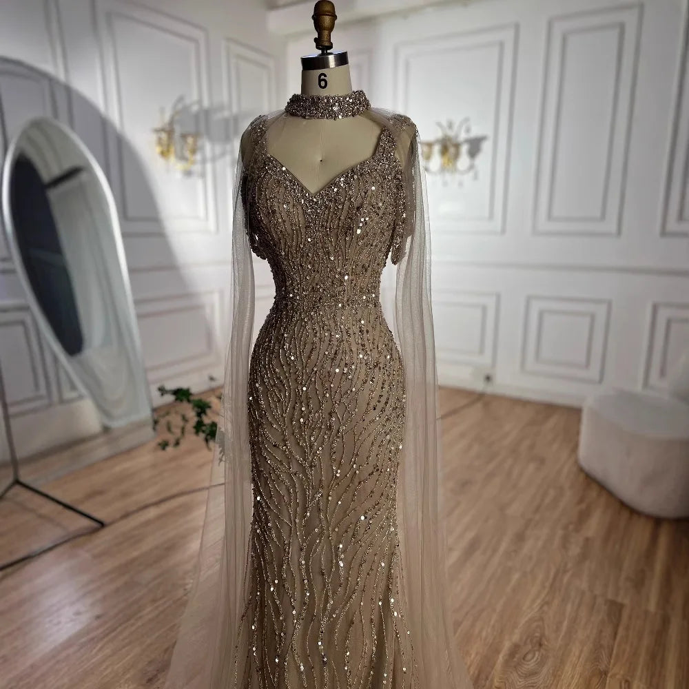 Luxury Caramel Mermaid Evening Gown Beaded Dress with Cape Sleeves Elegant Formal Party Customized LA72921
