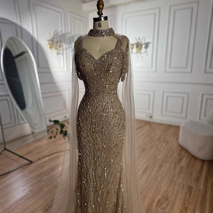 Luxury Caramel Mermaid Evening Gown Beaded Dress with Cape Sleeves Elegant Formal Party Customized LA72921