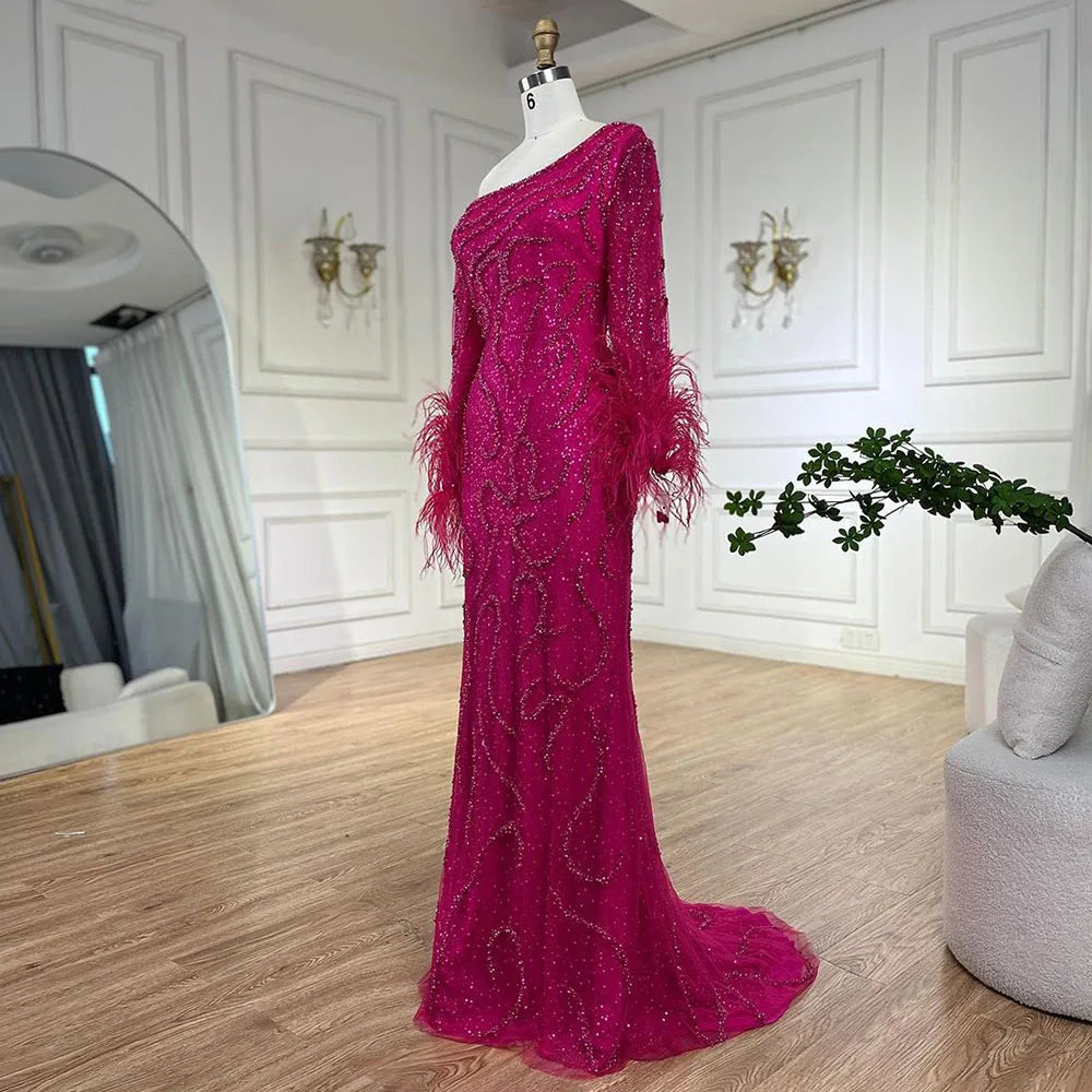 Serene Hill Blue Mermaid Elegant One-Shoulder Beaded Feathers  Evening Dress Gown for 's Wedding Party 2025 LA72395 Customized