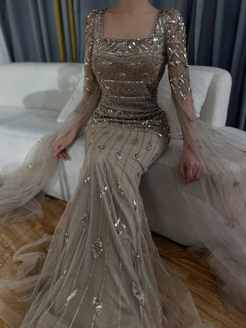 2025 Caramel With Beaded Cape Sleeves Design Mermaid Long Evening Dresses Gowns For Women's Wedding Party LA72355A Customized
