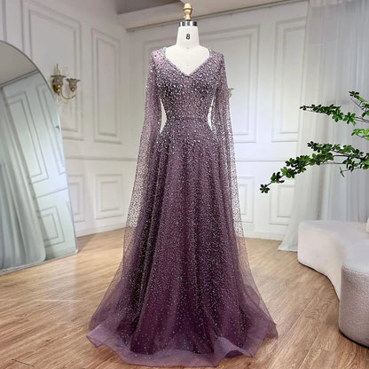Serene Hill 2025 Customized Saudi Arabic Caramel Beaded Cape Sleeves A Line Evening Dresses For Formal Occasion LA72147A