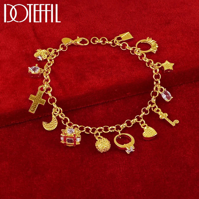 DOTEFFIL 18K Gold Moon Heart Lock Cross Bracelet For Men Woman Charm Wedding Party Fashion Jewelry
