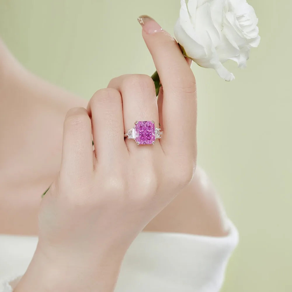 EUREKA 925 Sterling Silver Crushed Ice Cut Lab Pink Sapphire Gemstone Ring For Women Wedding Engagement Jewelry