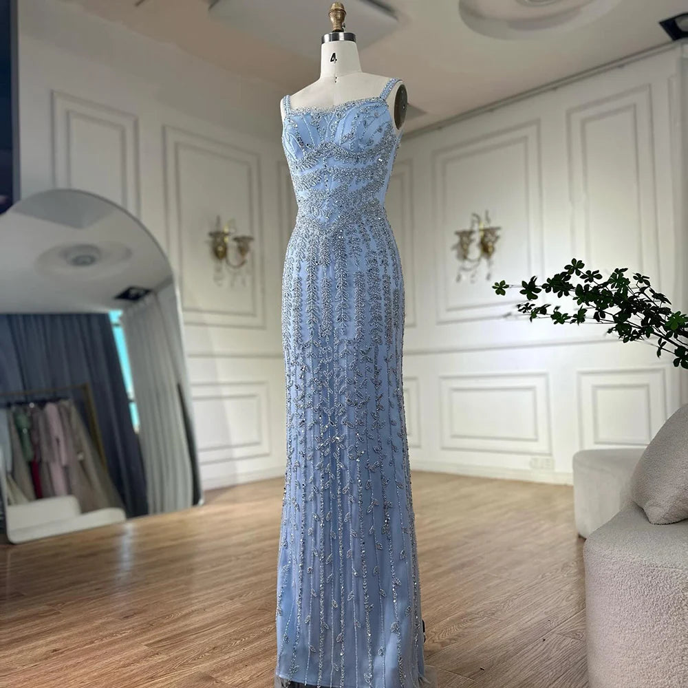 Luxury Arabic Blue Beaded Spaghetti Strap Pink Mermaid Evening Dress for Women Party Serene Hill 2025 Customized LA72725