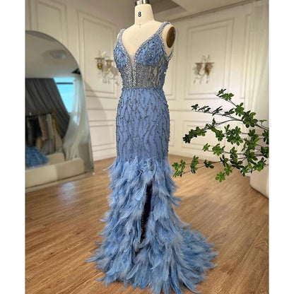 Serene Hill Pink Mermaid High Split Evening Dresses Feather Beaded Gowns Long 2025 For Women Wedding Party LA72152 Customized