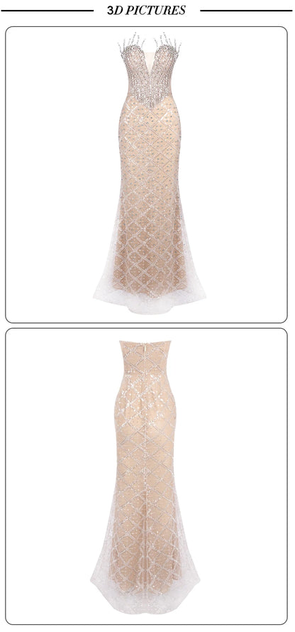 VC Fashion Silver Sequin Strapless Mermaid Dress Gown with Crystal Accents for Luxury Award Ceremonies