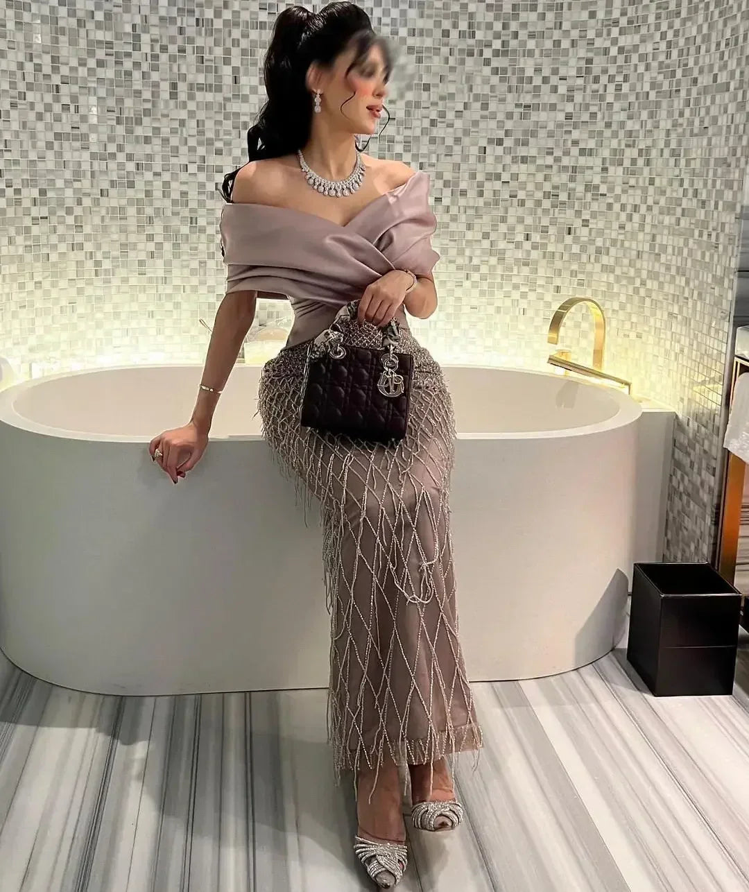 Customized Prom Dresses Classic Exquisite High Quality Jersey Pleat Tassel Straight V-neck Midi Dress Fashion Formal Party Gown