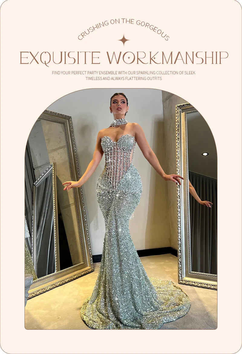 VC Glamorous Silver Sequin Sleeveless Strapless Mermaid Dress for Galas Party Wedding Evening Gown