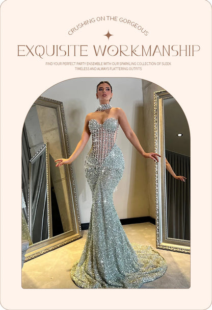 VC Glamorous Silver Sequin Sleeveless Strapless Mermaid Dress for Galas Party Wedding Evening Gown