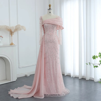 Sharon Said Nude Luxury Crystal Mermaid Evening Dress with Overskirt Long Sleeve Dubai Wedding Formal Prom Gown SS256 Customized