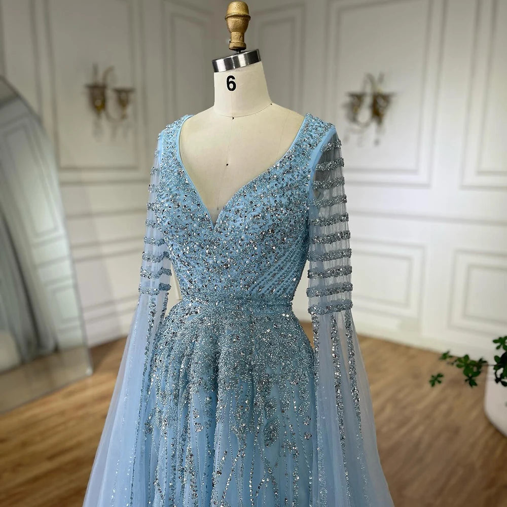 Customized 2025 Arabic Caramel Elegant A-Line Beaded Long Evening Dresses Gowns With Cape Sleeves For Formal Occasio LA72750