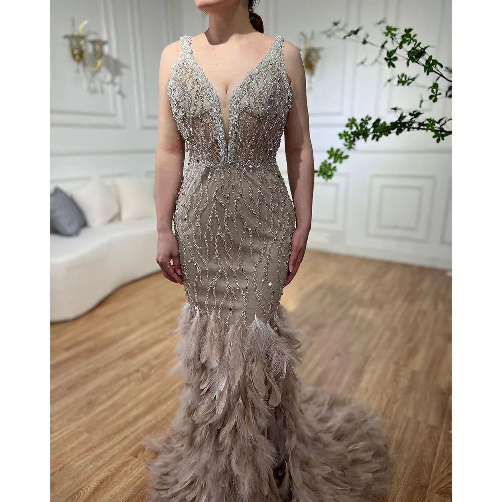 Serene Hill Pink Mermaid High Split Evening Dresses Feather Beaded Gowns Long 2025 For Women Wedding Party LA72152 Customized