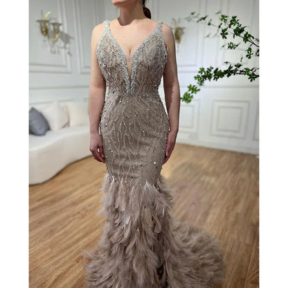 Serene Hill Pink Mermaid High Split Evening Dresses Feather Beaded Gowns Long 2025 For Women Wedding Party LA72152 Customized
