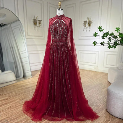 Serene Hill Arabic Turquoise A Line Cape Sleeve Beaded   Evening Dresses Gowns For Occasion 2025 LA72306A Customized