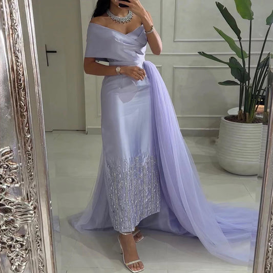 Sharon Said Dubai Lilac One Shoulder Evening Dress with Overskirt Arabic Women Sage Green Wedding Party Gowns SS405 Customized