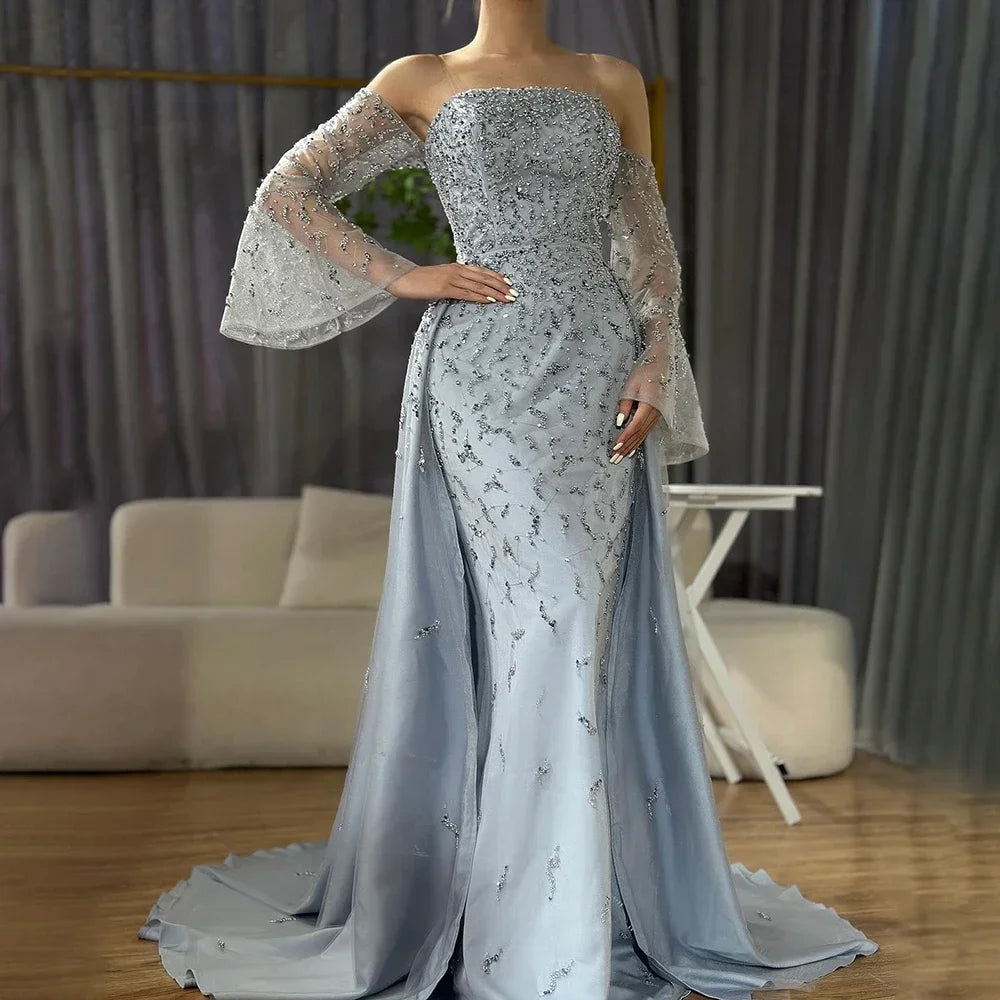 Serene Hill Customized 2025 Arabic Strapless Gray Blue Beaded Pearls Dubai Evening Dresses For Formal Occasion LA72705