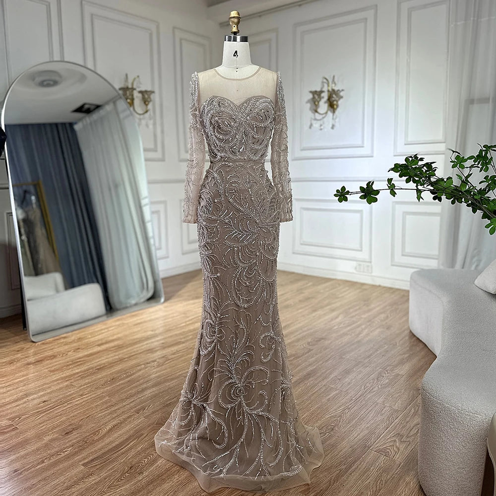 Serene Hill 2025 Nude Mermaid Pearls Beaded Arabic Evening Dresses For Occasion Dress LA72648 Customized