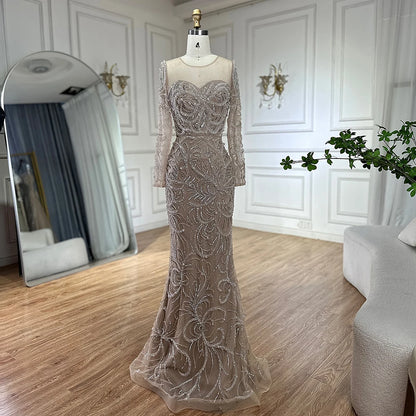 Serene Hill 2025 Nude Mermaid Pearls Beaded Arabic Evening Dresses For Occasion Dress LA72648 Customized