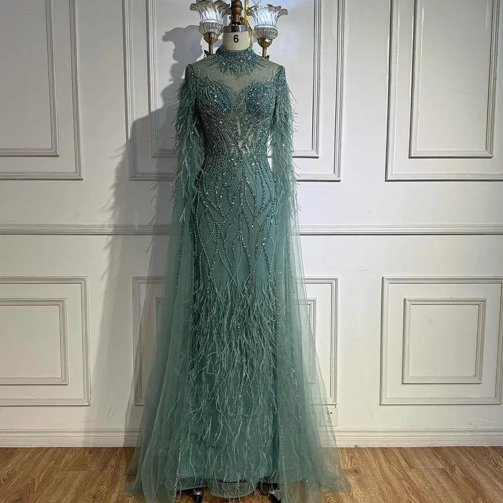 Nude Feather Evening Dress for Women High Neck Cape Sleeve Luxury Beaded Formal Gown Serene Hill 2025 Customized LA71885C