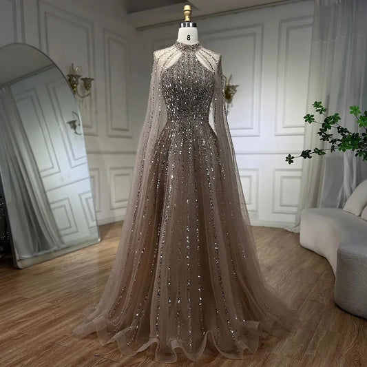 Serene Hill Arabic Turquoise A Line Cape Sleeve Beaded   Evening Dresses Gowns For Occasion 2025 LA72306A Customized