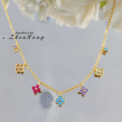 French Style Retro Dopamine Clover Design Necklaces   Colorful Zircon Earrings Clavicle Chain Bracelets Jewelry Sets For Women