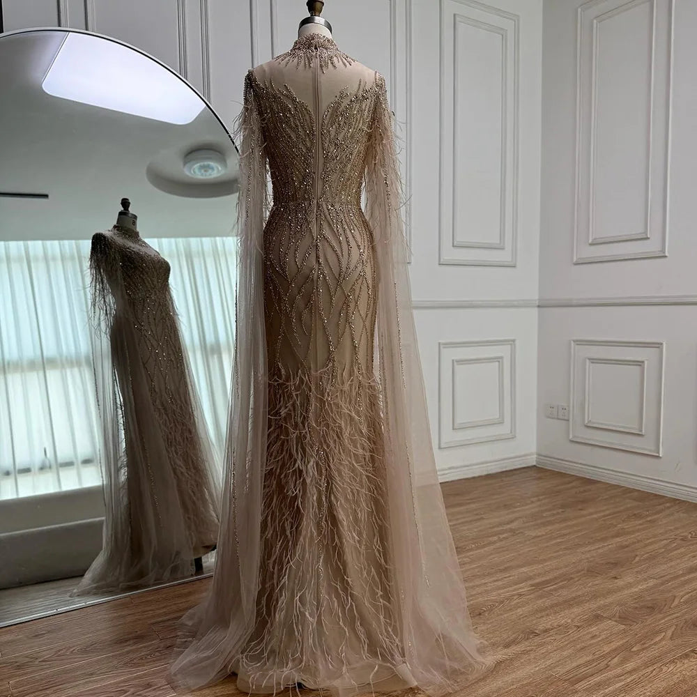 Nude Feather Evening Dress for Women High Neck Cape Sleeve Luxury Beaded Formal Gown Serene Hill 2025 Customized LA71885C