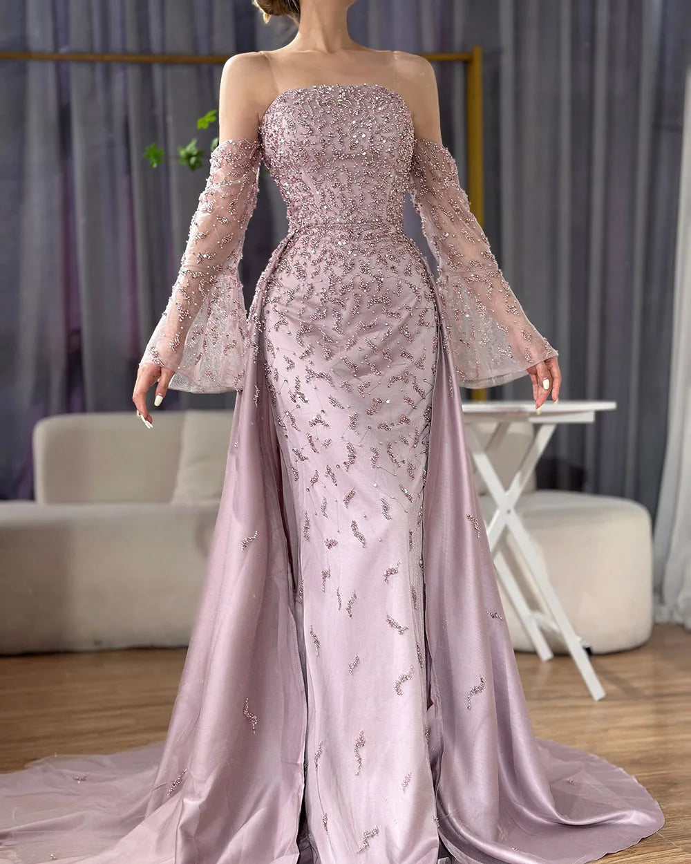 Serene Hill Customized 2025 Arabic Strapless Gray Blue Beaded Pearls Dubai Evening Dresses For Formal Occasion LA72705