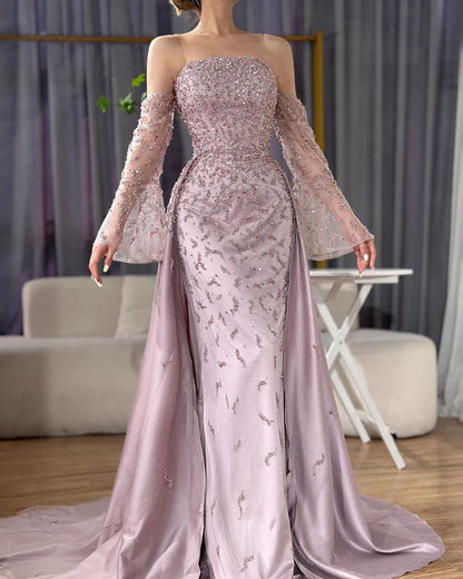 Serene Hill Customized 2025 Arabic Strapless Gray Blue Beaded Pearls Dubai Evening Dresses For Formal Occasion LA72705