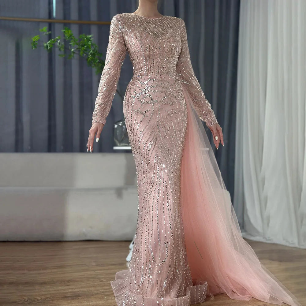 Serene Hill Caramel Beaded Mermaid Long Arabic Evening Dresses Gowns With Overskirt for Formal Occasion 2025 LA71673A Customized