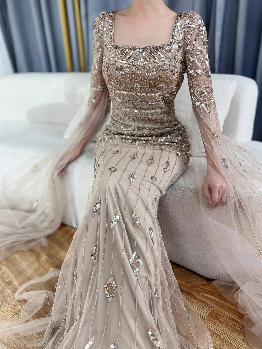 2025 Caramel With Beaded Cape Sleeves Design Mermaid Long Evening Dresses Gowns For Women's Wedding Party LA72355A Customized