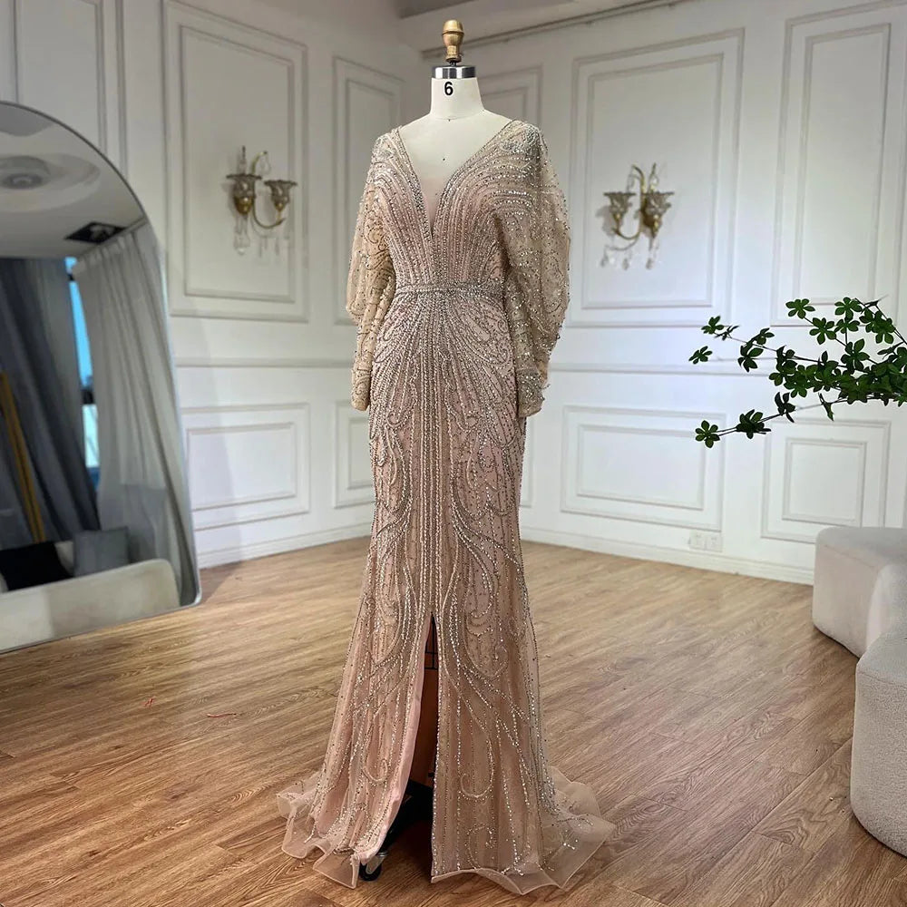 Serene Hill Arabic Gold Elegant Mermaid Black  Beaded Evening Dresses Gowns Diamond For Party 2025 LA72288A Customized