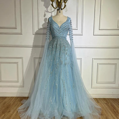 Customized 2025 Arabic Caramel Elegant A-Line Beaded Long Evening Dresses Gowns With Cape Sleeves For Formal Occasio LA72750