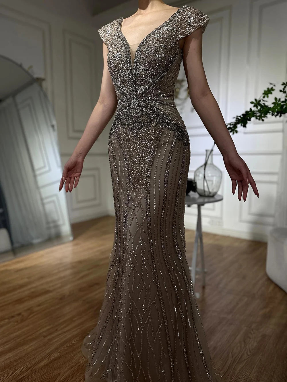 Customized Dubai Caramel Elegant Sleeveles Mermaid Beaded Arabic Evening Dresses Gowns For Women Wedding Party 2025 LA72456