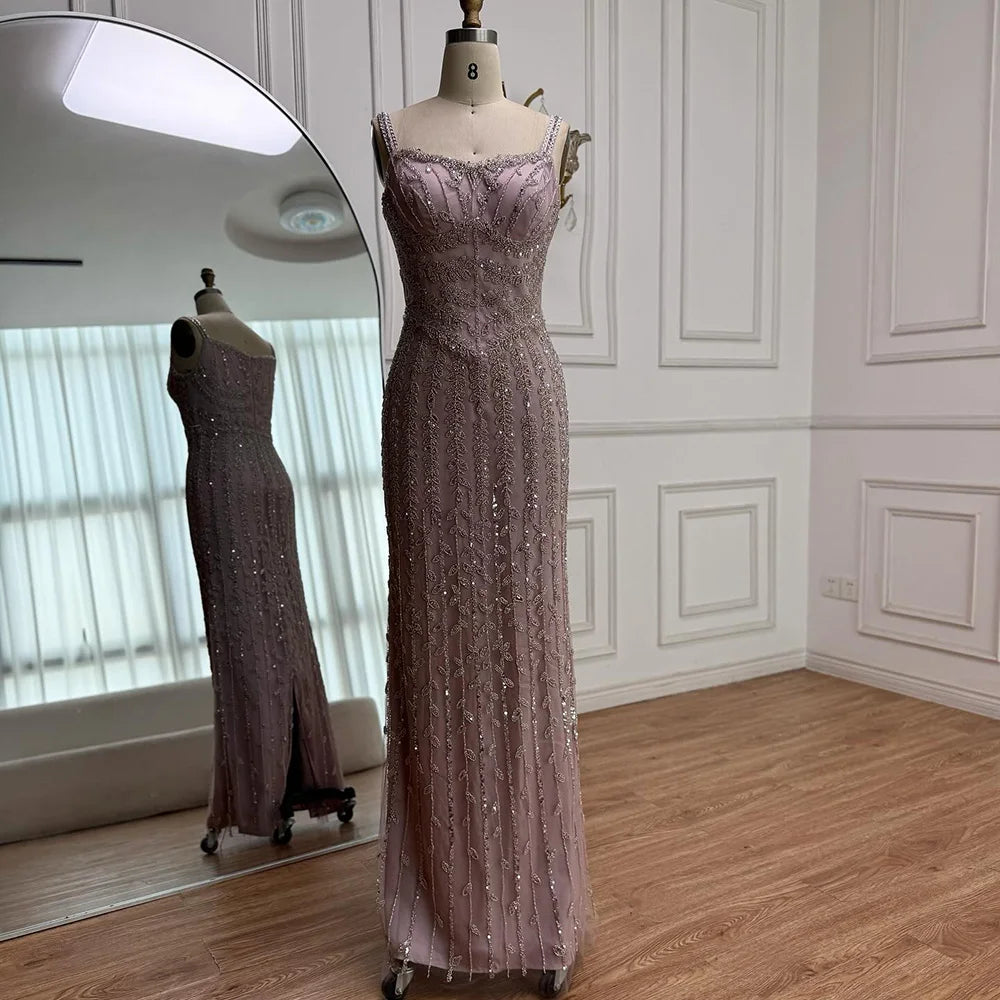 Luxury Arabic Blue Beaded Spaghetti Strap Pink Mermaid Evening Dress for Women Party Serene Hill 2025 Customized LA72725
