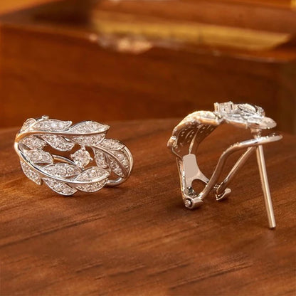 Huitan Silver Color Leaf Hoop Earrings for Women Newly Designed Exquisite Ear Accessories Silver Color Wedding Trendy Jewelry