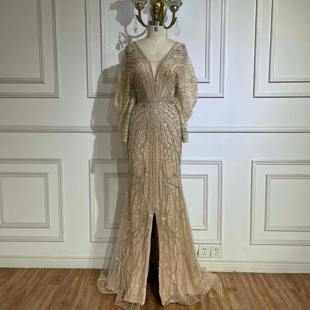 Serene Hill Arabic Gold Elegant Mermaid Black  Beaded Evening Dresses Gowns Diamond For Party 2025 LA72288A Customized