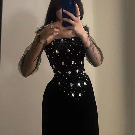 Modern Black Strapless Evening Dress with Crystal A-Line Floor Length Women Three Quarter Occasion Customized Party Gowns