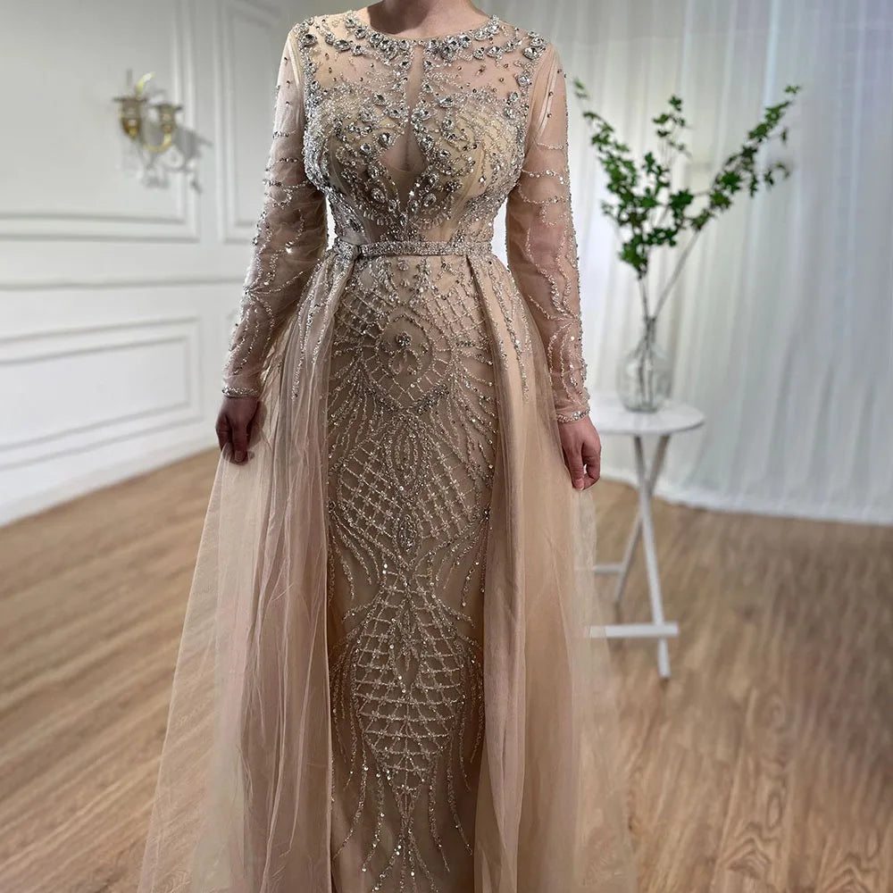 Serene Hill Muslim Silver Nude Mermaid Gown with Detachable Overskirt Beaded Evening Dress for Women Wedding Party 2025 LA71919