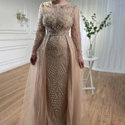 Serene Hill Muslim Silver Nude Mermaid Gown with Detachable Overskirt Beaded Evening Dress for Women Wedding Party 2025 LA71919
